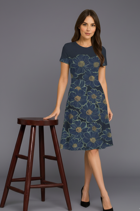 Navy Gold Bloom A-Line Dress – Women | The Desicult