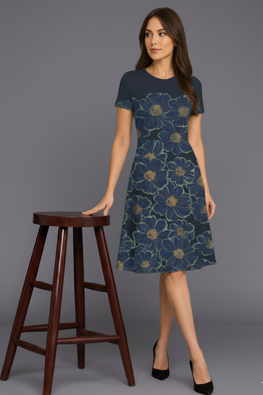 Navy Gold Bloom A-Line Dress – Women | The Desicult